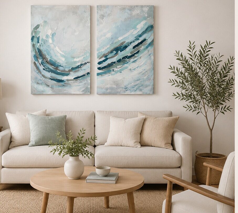 Díptico vertical Equilibrio en Movimiento de Adriana Fernández, dos lienzos de 50 × 70 cm inspirados en el agua